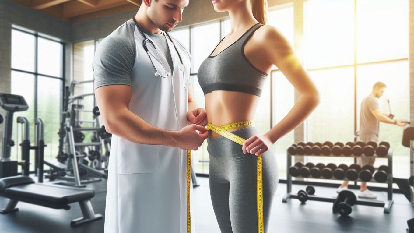 Fitness trainer measuring waist circumference for losing belly fat progress tracking